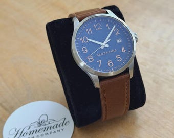 Swiss Movement Analog Watch: Handmade Brown Leather Strap Wristwatch, Mens Fashion Wear