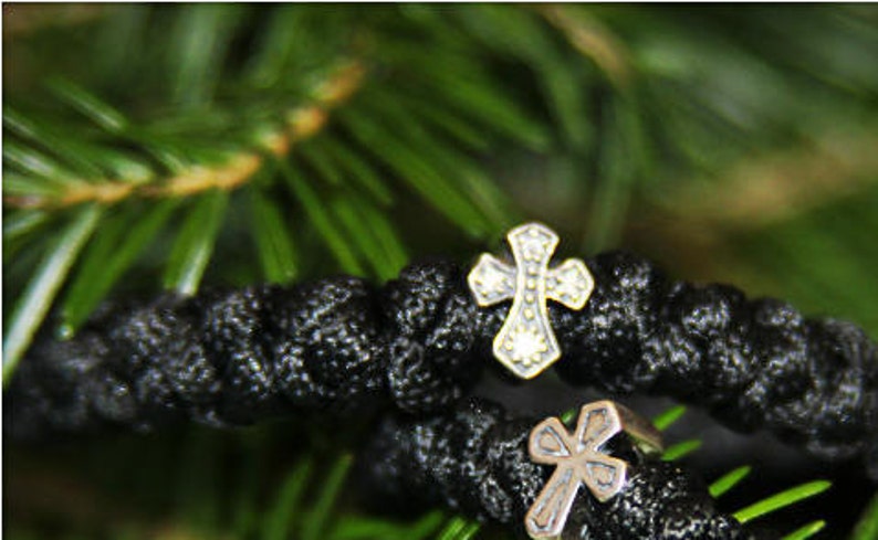 Sterling silver 925 bead cross with zircons Brojanica, Orthodox Serbian Prayer rope, Komboskini, Chotki, braided bracelet, 33 knots image 2