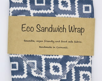 Eco Sandwich Wrap. Reusable food wrap. Picnic placemat, lunch wrap, vegan friendly, kids fun food wrap. Navy aztec design.