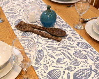 Cotton Table Runner, Unique Handmade Gift Idea, Home Decor. Kitchen decor. Table setting. Fish design