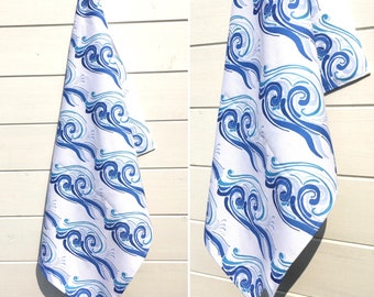 Cornish Waves. Organic cotton tea towel. Unique design. Handmade. Gift. Kitchen linens. Homeware. Kitchen and dining.