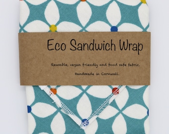 Geometric teal floral design Eco Sandwich Wrap. Reusable food wrap. Picnic placemat, lunch wrap, vegan friendly, kids fun food wrap.