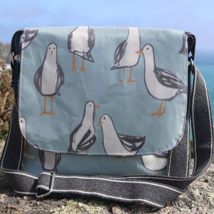 Friendly seagull design oilcloth messenger bag. Waterproof.