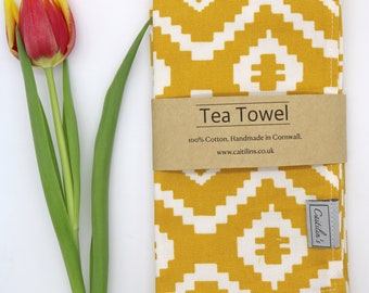 Handmade cotton tea towel. Aztec design in a gorgeous mustard colour ways. Gift. Homeware. Kitchen and dining.