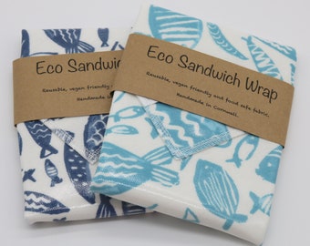 Eco Sandwich Wrap. Reusable food wrap. Picnic placemat, lunch wrap, vegan friendly, kids fun food wrap. Fish design