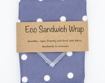 Navy blue and white spot. Eco Sandwich Wrap. Reusable food wrap. Picnic placemat, lunch wrap, vegan friendly, kids fun food wrap.