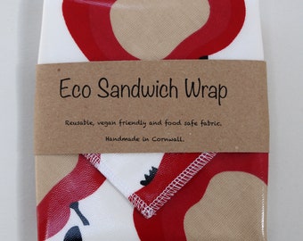 Eco Sandwich Wrap. Reusable food wrap. Picnic placemat, lunch wrap, vegan friendly, kids fun food wrap.