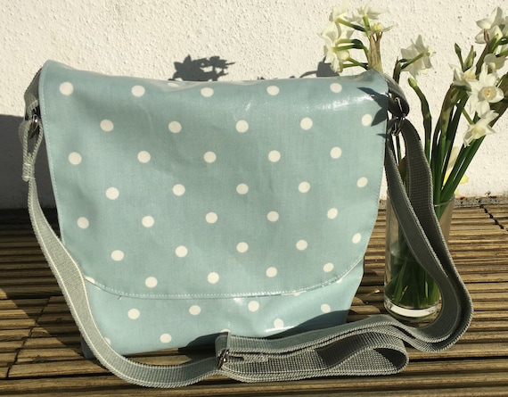 Green and White Spot Oilcloth Messenger Bag. Vegan Bag. Gift for