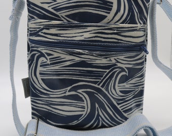 Cornish Wave Print Cross Body Bag. Oilcloth. Waterproof. Dog walking