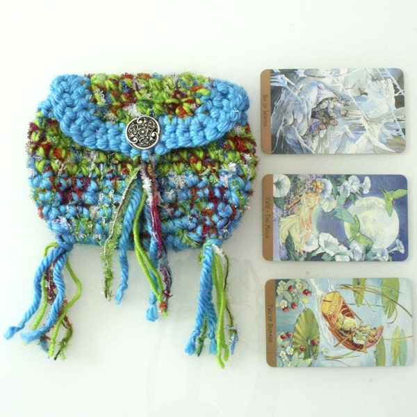 Blue Green Tarot Bag Handmade Crochet Tarot Pouch Hippie purse organizer cosmetic bag handmade Celtic Tribal wallet womens boho purse