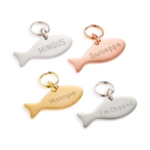 Fish shaped Cat I.D tags in gold, rose gold and silver with custom engraving