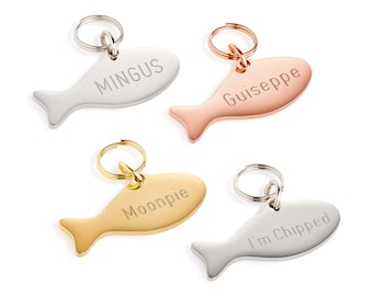 Fish shaped Cat I.D tags in gold, rose gold and silver with custom engraving