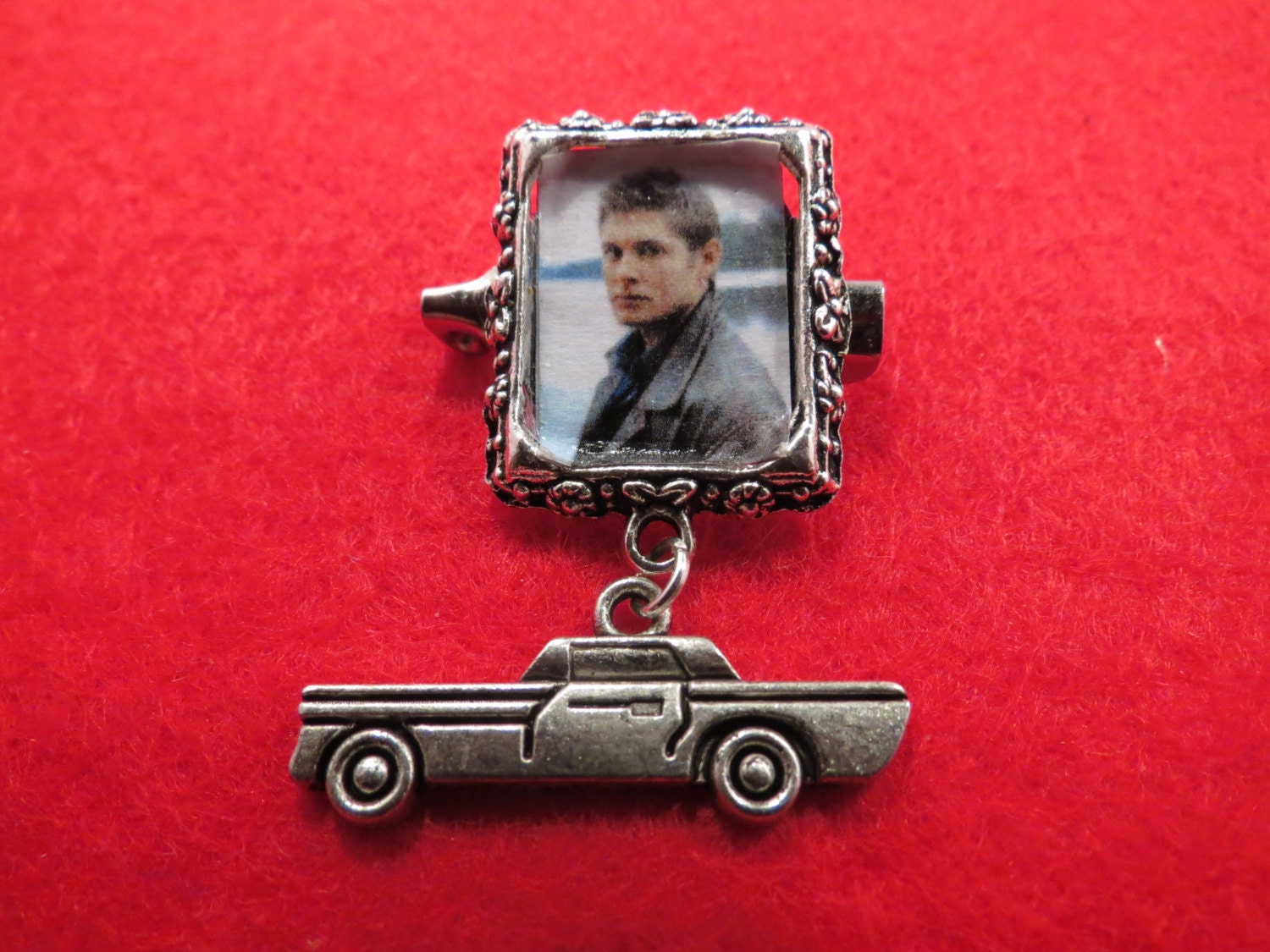 Supernatural Dean Winchester picture with charm pin brooch/lapel pin.