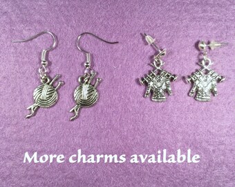 Knitting themed earrings with the charm of your choice.