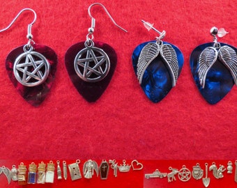 May include: Four pairs of earrings. Two pairs feature guitar pick shapes with silver pentagram charms. The other two pairs have blue guitar pick shapes with silver wing charms. A variety of small charms are displayed below.