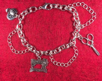 Sewing themed charm and chain bracelet