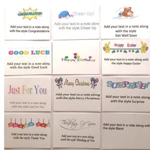 May include: A set of 10 printable note cards with different designs and messages. The cards feature colorful illustrations and text such as "Congratulations", "Cheer Up", "Get Well Soon", "Happy Easter", "Good Luck", "Happy Birthday", "Just For You", "Merry Christmas", "Surprise", and "Thinking of You".