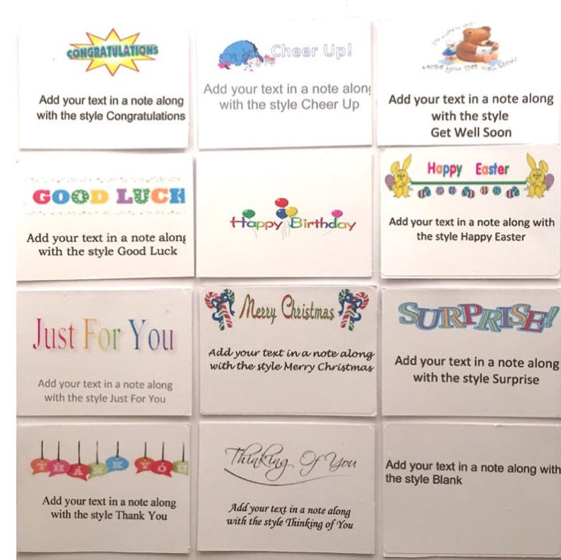 May include: A set of 10 printable note cards with different designs and messages. The cards feature colorful illustrations and text such as "Congratulations", "Cheer Up", "Get Well Soon", "Happy Easter", "Good Luck", "Happy Birthday", "Just For You", "Merry Christmas", "Surprise", and "Thinking of You".