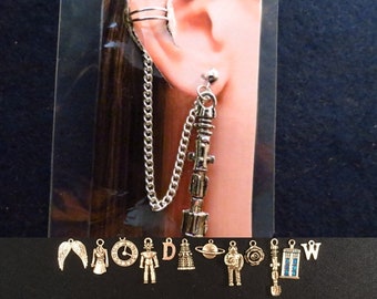 Doctor Who inspired ear cuff and post with the charm of your choice and a chain.