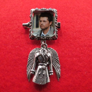 Supernatural Castiel picture with charm pin brooch/lapel pin.