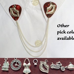 Rocky Horror Show guitar pick collar pins with the charm of your choice.