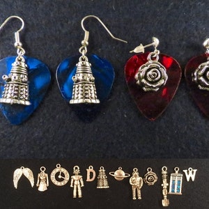 Doctor Who inspired guitar pick earrings with the charm of your choice.