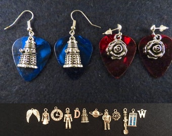 Doctor Who inspired guitar pick earrings with the charm of your choice.