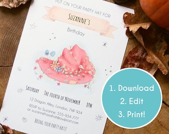 Witch Party Hat Theme Party Invitation | Witch Birthday Invite | Editable PDF Birthday Halloween Invitation | Invitation Template