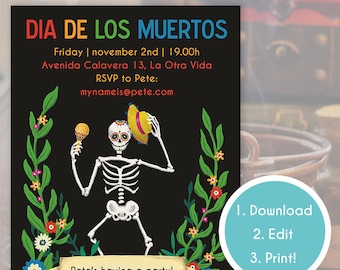Dia de los Muertos party invitation | Instant Download | Day of the Dead party invite | Editable custom invitation | Halloween invitation