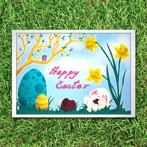 May include: A Happy Easter card with a blue and white Easter egg, a yellow and orange Easter egg, a brown chocolate egg, a white bunny holding a chocolate egg, and yellow daffodils.