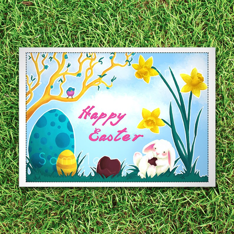 May include: A Happy Easter card with a blue and white Easter egg, a yellow and orange Easter egg, a brown chocolate egg, a white bunny holding a chocolate egg, and yellow daffodils.