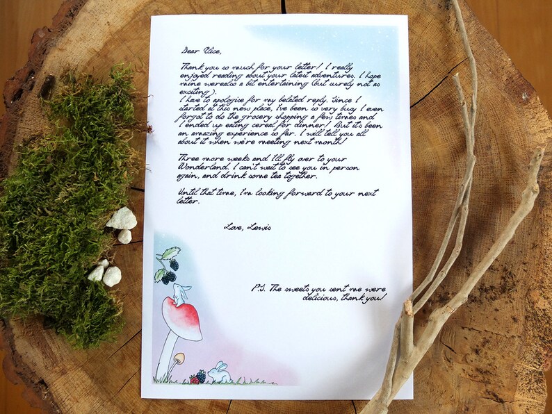 May include: A handwritten letter with blue watercolor background and a whimsical illustration of a mushroom, a rabbit, and a blackberry bush. The letter reads, "Dear Race, Thank you so much for your letter! (really enjoyed reading about your latest adventures (hope mine were a bit entertaining (but surely not as exciting). I have to apologize for my belated reply. Since I started at this new place, I've been very busy (even forgot to do the grocery shopping a few times and I ended up eating cereal for dinner! But it's been an amazing experience so far. I will tell you all about it when we're meeting next month. Three more weeks and I'd fly over to your Wonderland, I can't wait to see you in person again, and drink some tea together. Until that time, I'm looking forward to your next letter. Love, Lovis P.S. The sweets you sent me were delicious, thank you!"
