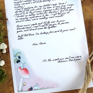 May include: A handwritten letter with a whimsical illustration of a rabbit on a mushroom. The letter mentions a visit to Wonderland and thanks the recipient for delicious sweets. The text reads: "enjoyed reading...  I have to apologize...  I ended up eating cereal...  Three more weeks...  Until that time, I'm looking forward to your next letter. Love, Lewis. P.S. The sweets you sent me were delicious, thank you!"