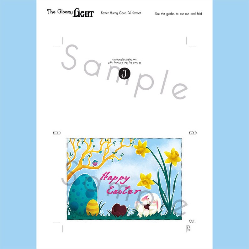 May include: A printable Easter card featuring a bunny rabbit holding an egg, surrounded by flowers and a blue egg. The card says "Happy Easter" in pink letters.