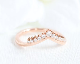 Rose Gold Curved Diamond Wedding Band, V Shaped Diamond Ring, Tiara Diamond Ring, 14k, 18k White Gold or Platinum Unique Wedding Ring