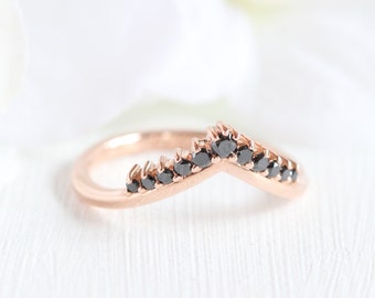 Rose Gold Black Diamond Wedding Ring, Curved Diamond Wedding Band, V Shaped Tiara Diamond Ring 14k, 18k Gold or Platinum Unique Wedding Ring