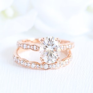 Forever One Moissanite Solitaire Engagement Ring and Scalloped Diamond Wedding Band Bridal Set in 14k Rose Gold 9x7mm Oval Cut Gemstone Ring