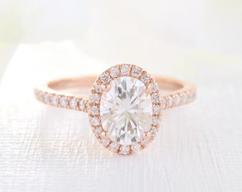 Forever One Moissanite Engagement Ring in 14k Rose Gold Halo Diamond Ring 8x6mm Oval Cut Ring Half Eternity Diamond Band