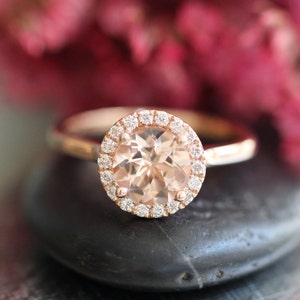 Rose Gold Morganite Ring Diamond Halo Engagement Ring in 14k Gold 7mm Pink Peach Morganie Wedding Ring (Bridal Wedding Set Available)