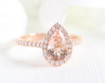 Pear Morganite Engagement Ring in 14k Rose Gold Halo Diamond Ring 9x6mm Pink Peach Morganite Ring Set in Pave Diamond Half Eternity Band