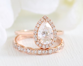 Rose Gold Moissanite Bridal Set, Halo Diamond Moissanite Engagement Ring and Diamond Wedding Band, Pear Forever One Moissanite Ring Set