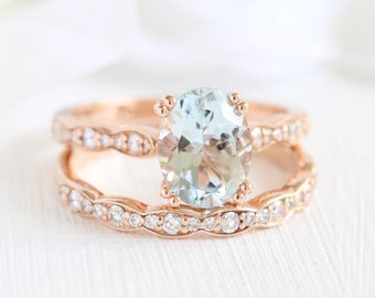 Solitaire Aquamarine Engagement Ring and Scalloped Diamond Wedding Band Bridal Ring Set in 14k Rose Gold 9x7mm Oval Cut Blue Gemstone