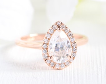 Pear Moissanite Engagement Ring in 14k Rose Gold Halo Diamond Ring 9x6mm Pear Cut Forever One Moissanite Ring - Bridal Set Available