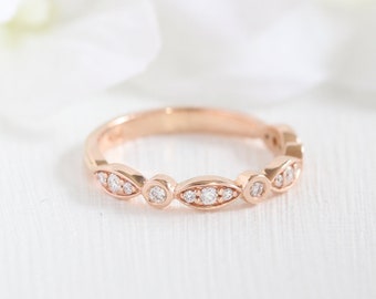 14k Rose Gold Matching Diamond Wedding Ring Half Eternity Band Bezel Scalloped Diamond Wedding Band (Bridal Set Available)