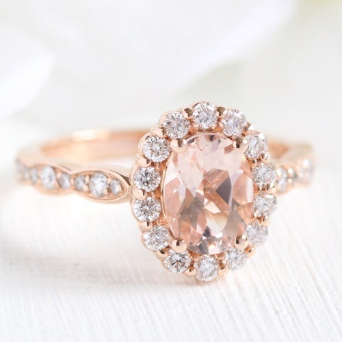 Pear Morganite Engagement Ring in 14k Rose Gold Halo Diamond | Etsy