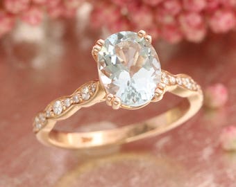 Solitaire Aquamarine Engagement Ring in 14k Rose Gold Scalloped Diamond Wedding Band 9x7mm Oval Cut Blue Gemstone Anniversary Ring