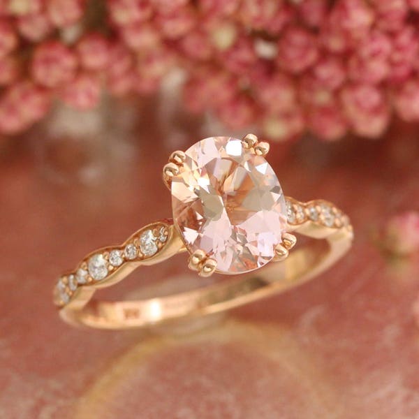 Solitaire Morganite Engagement Ring in 14k Rose Gold Scalloped Diamond Wedding Band 9x7mm Oval Cut Pink Peach Gemstone Anniversary Ring
