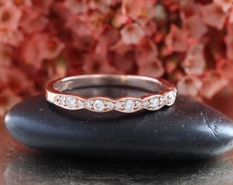 Vintage Inspired Diamond Wedding Band in 14k Rose Gold for Floral Engagement Ring, Anniversary Ring, Half Eternity Ring, Stacking Ring