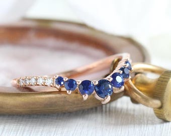 Natural Blue Sapphire Pave Diamond Band in 14k Rose Gold Curved Wedding Ring, Round Sapphire and Diamond Ring