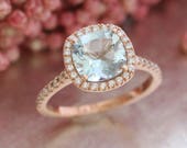 Halo Diamond Aquamarine Engagement Ring in 14k Rose Gold Pave Diamond Wedding Band 8x8mm Cushion Cut Aqua Gem Ring (Wedding Set Available)